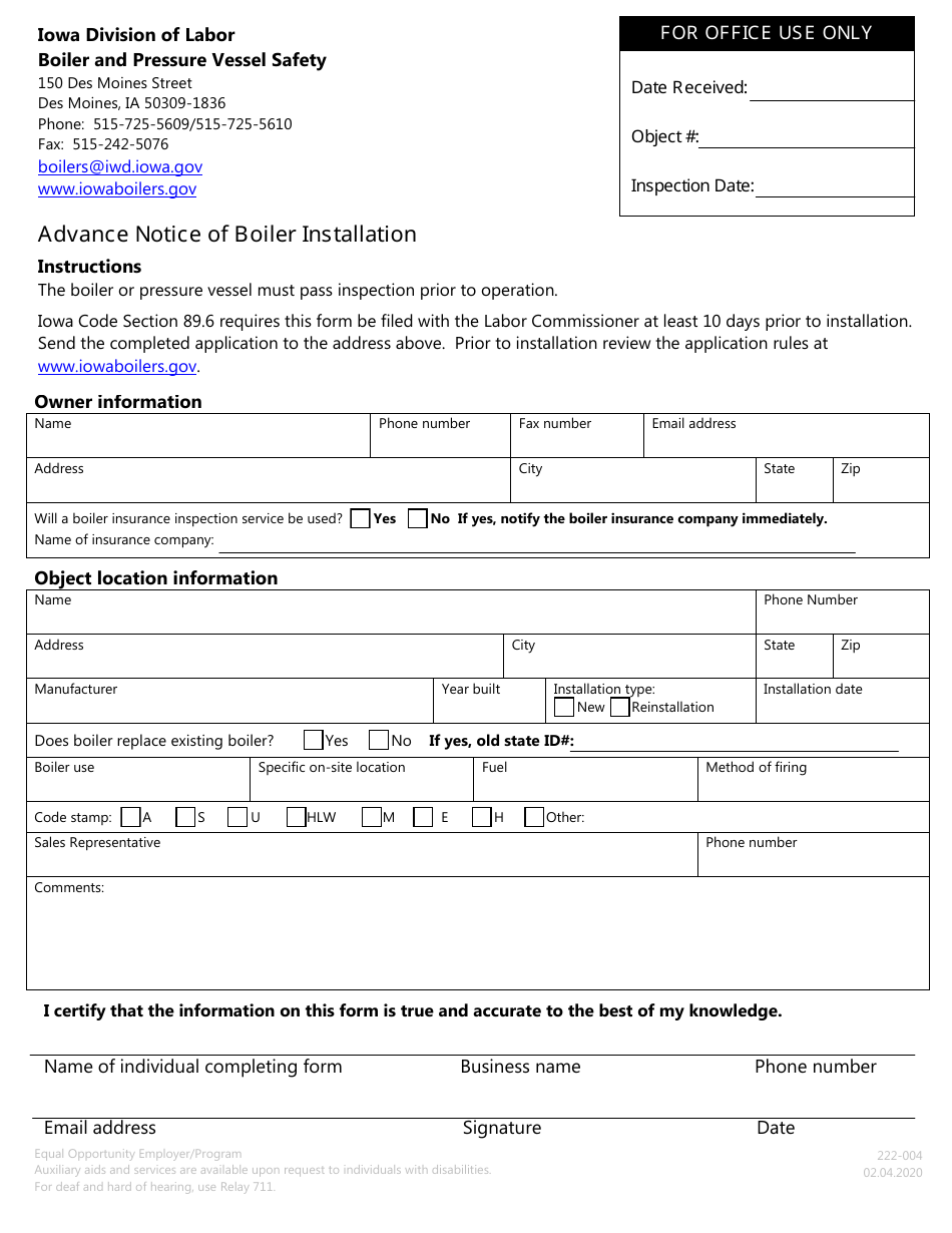 Form 222-004 Advance Notice of Boiler Installation - Iowa, Page 1