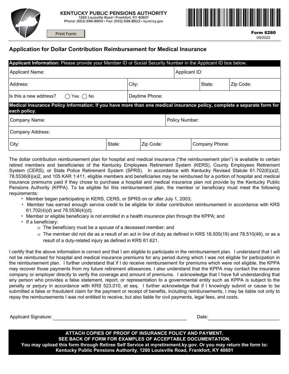 Form 6280 Application for Dollar Contribution Reimbursement for Medical Insurance - Kentucky, Page 1