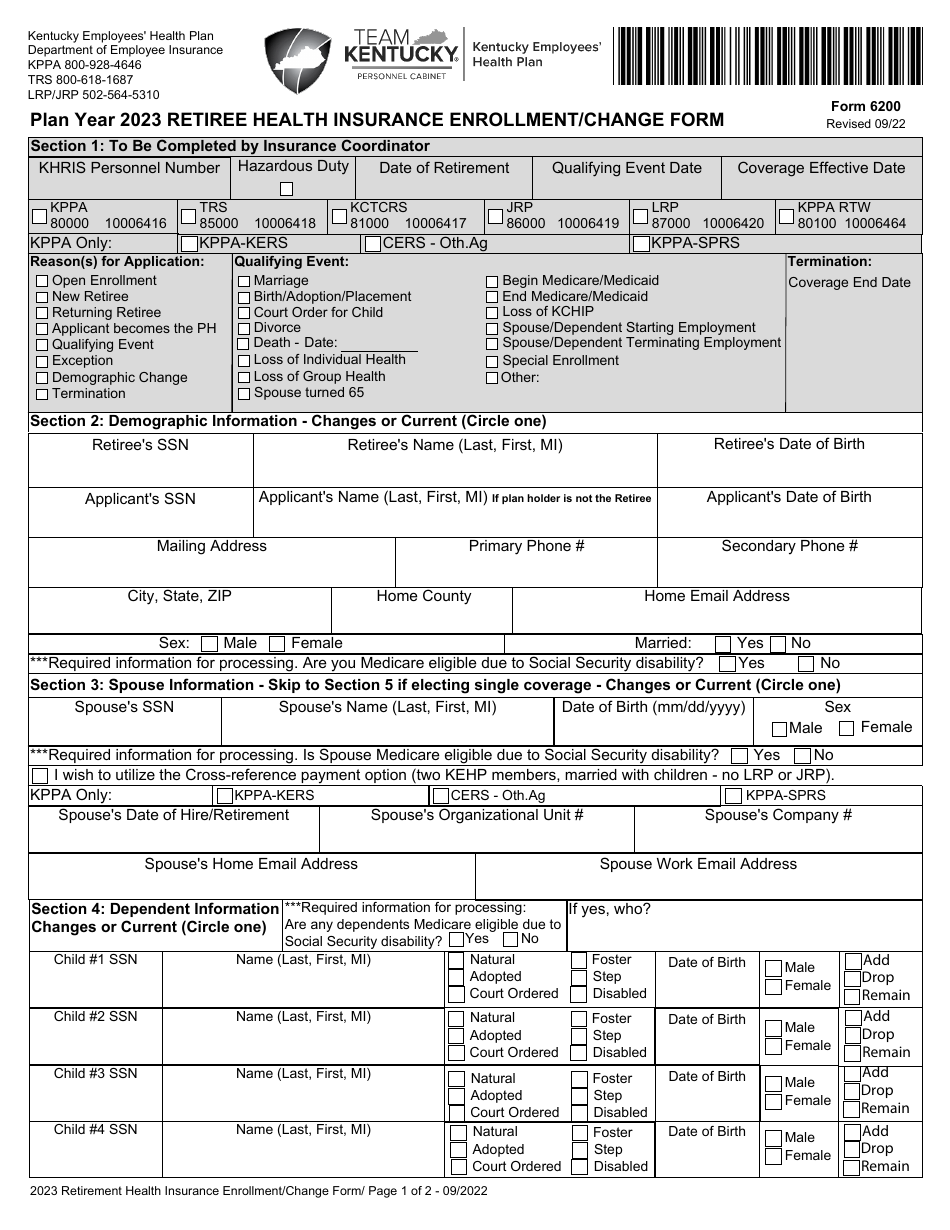 Form 6200 Retiree Health Insurance Enrollment / Change Form - Kentucky, Page 1