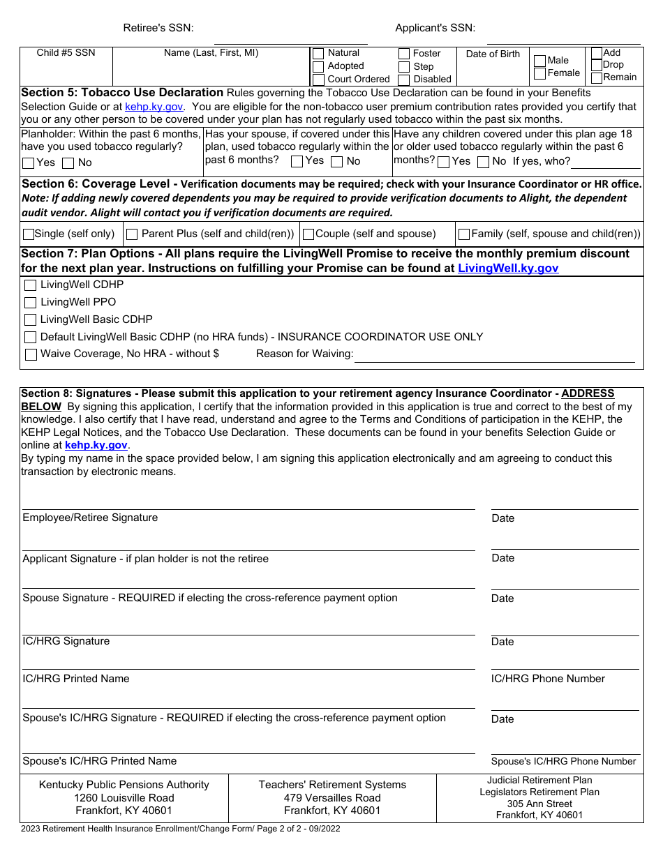 Form 6200 Retiree Health Insurance Enrollment / Change Form - Kentucky, Page 2