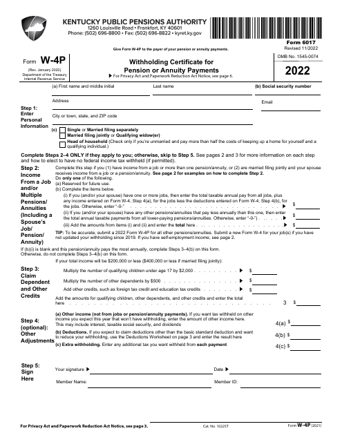 Form 6017 (IRS Form W-4P) Withholding Certificate for Pension or Annuity Payments - Kentucky, 2022