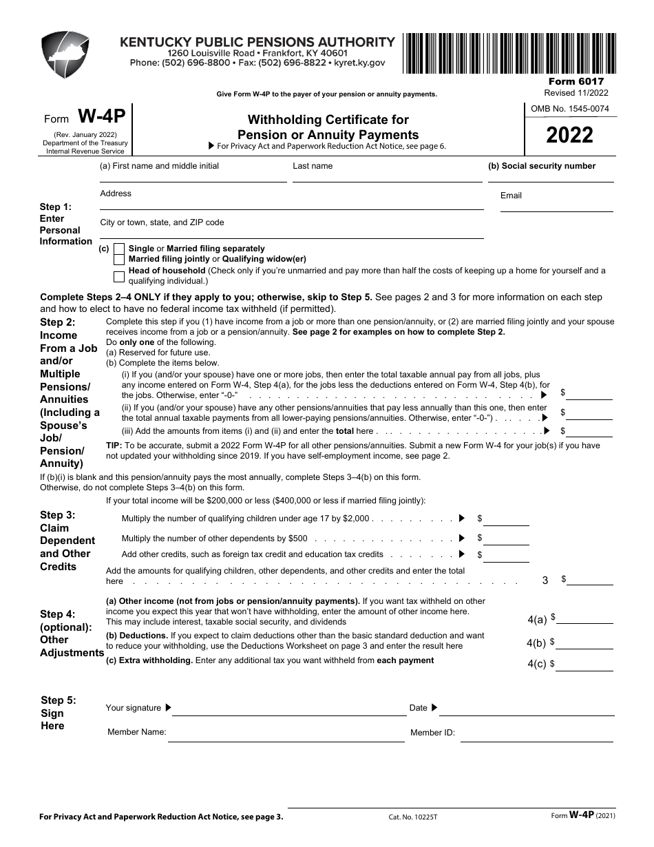 Form 6017 Irs Form W 4p 2022 Fill Out Sign Online And Download Fillable Pdf Kentucky 9667