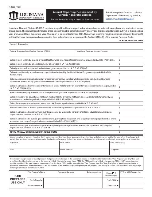 Form R-1090 Annual Reporting Requirement by Certain Nonprofit Entities - Louisiana, 2023
