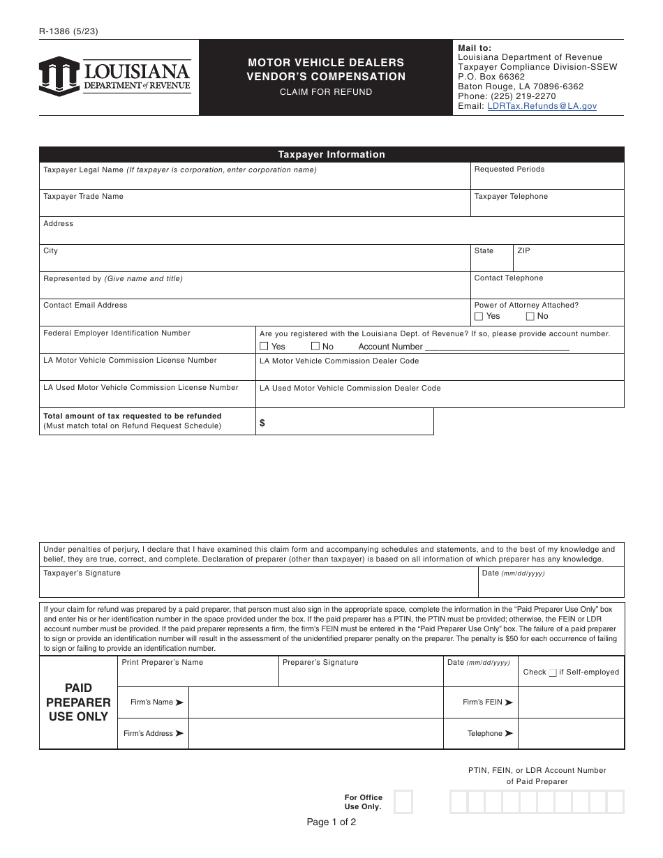 Form R-1386 Motor Vehicle Dealers Vendors Compensation Claim for Refund - Louisiana, Page 1