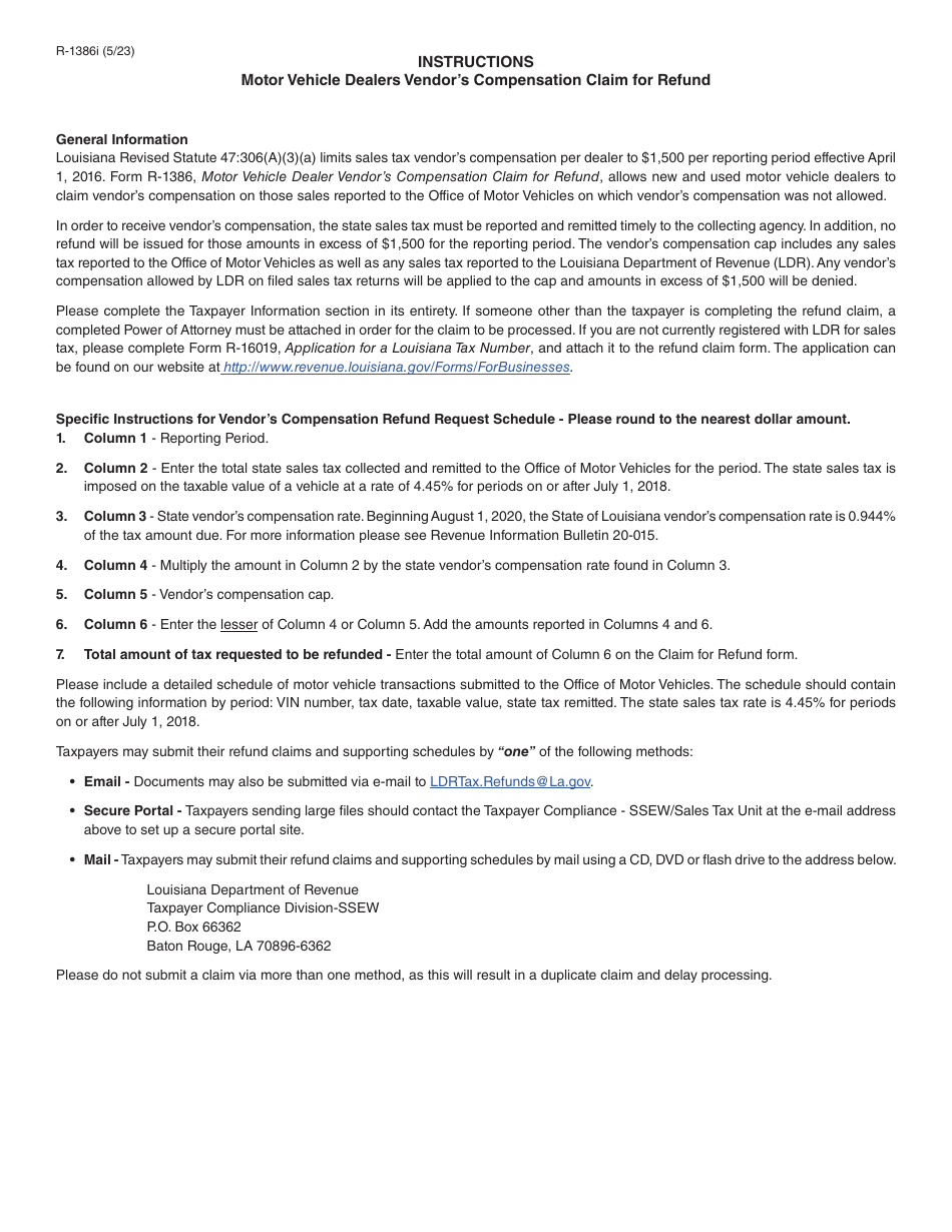 Form R-1386 Motor Vehicle Dealers Vendors Compensation Claim for Refund - Louisiana, Page 3