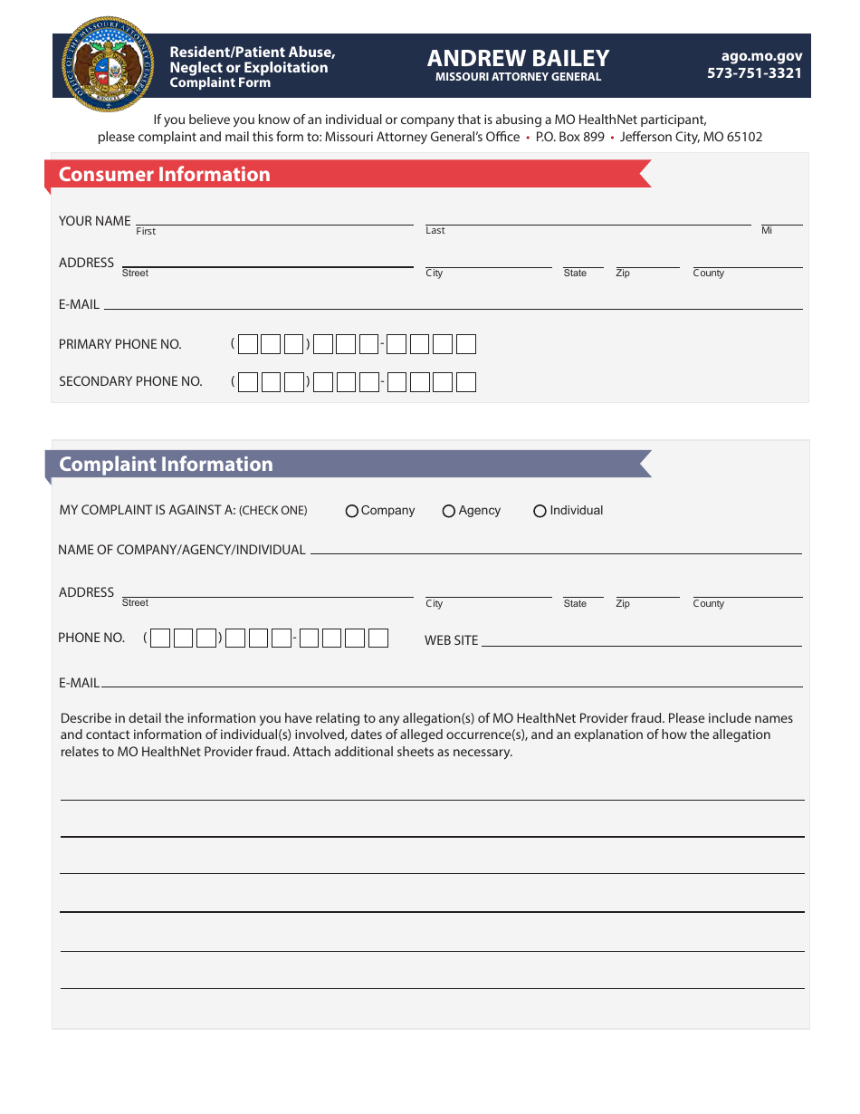 Resident / Patient Abuse, Neglect or Exploitation Complaint Form - Missouri, Page 1