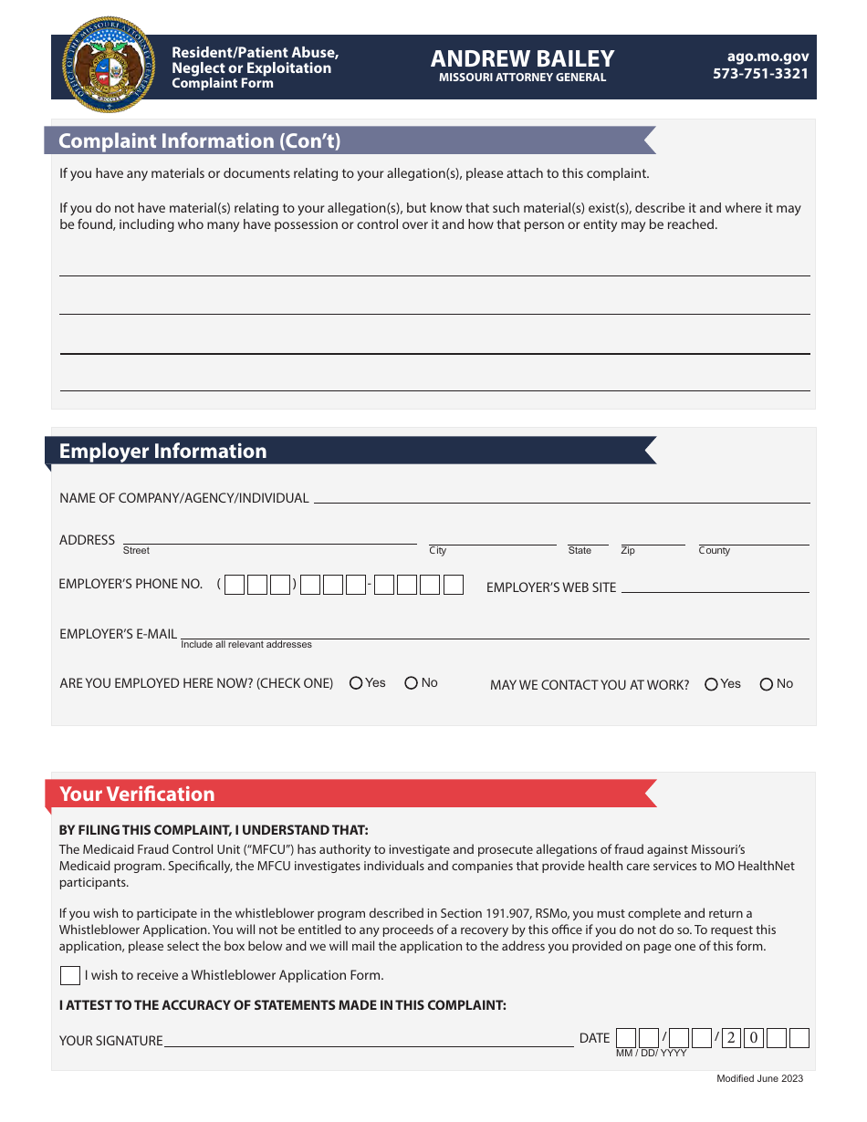 Missouri Resident/Patient Abuse, Neglect Or Exploitation Complaint Form ...