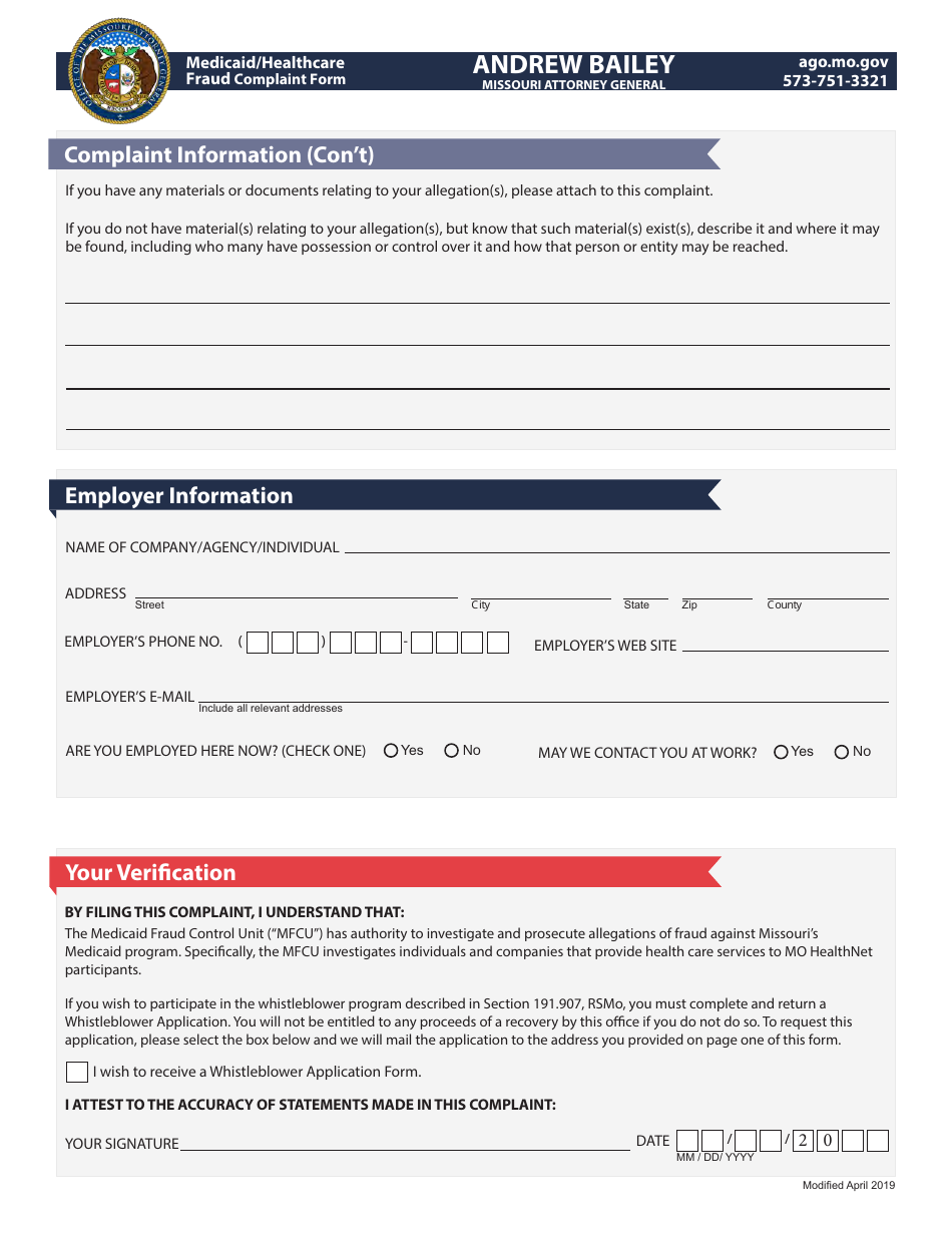 Medicaid / Healthcare Fraud Complaint Form - Missouri, Page 2