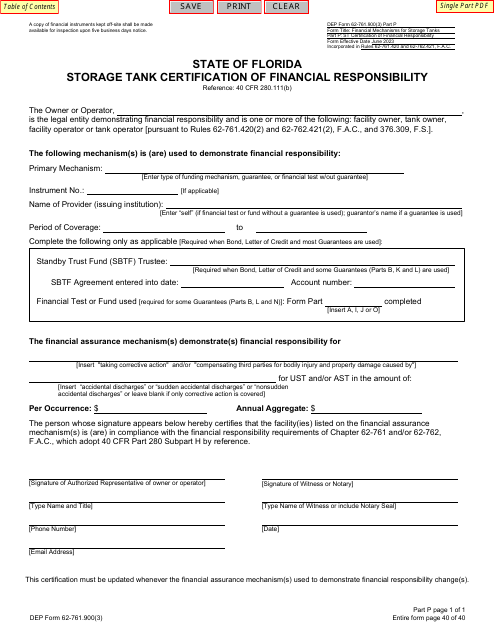 DEP Form 62-761.900(3) Part P Storage Tank Certification of Financial Responsibility - Florida
