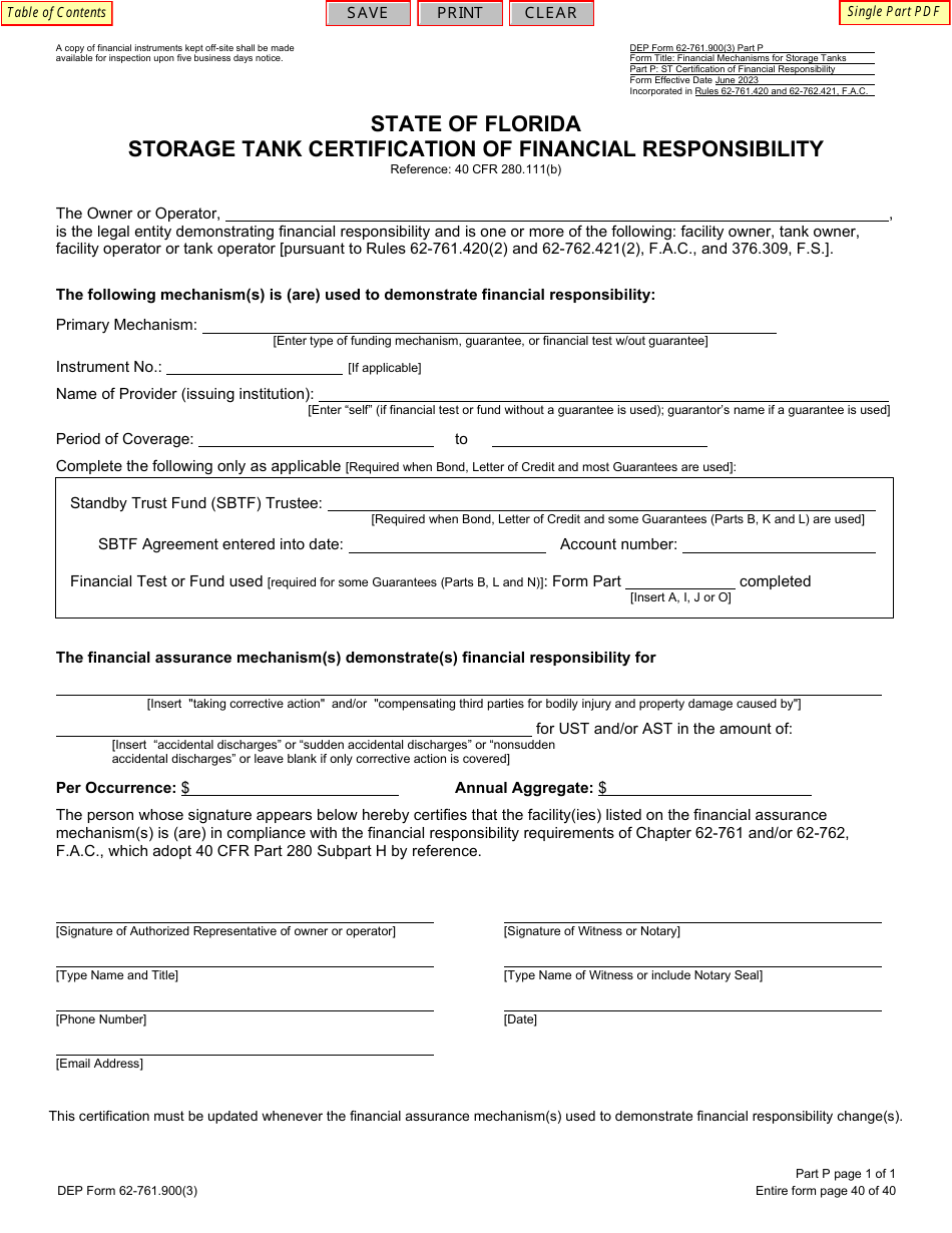 DEP Form 62-761.900(3) Part P Storage Tank Certification of Financial Responsibility - Florida, Page 1