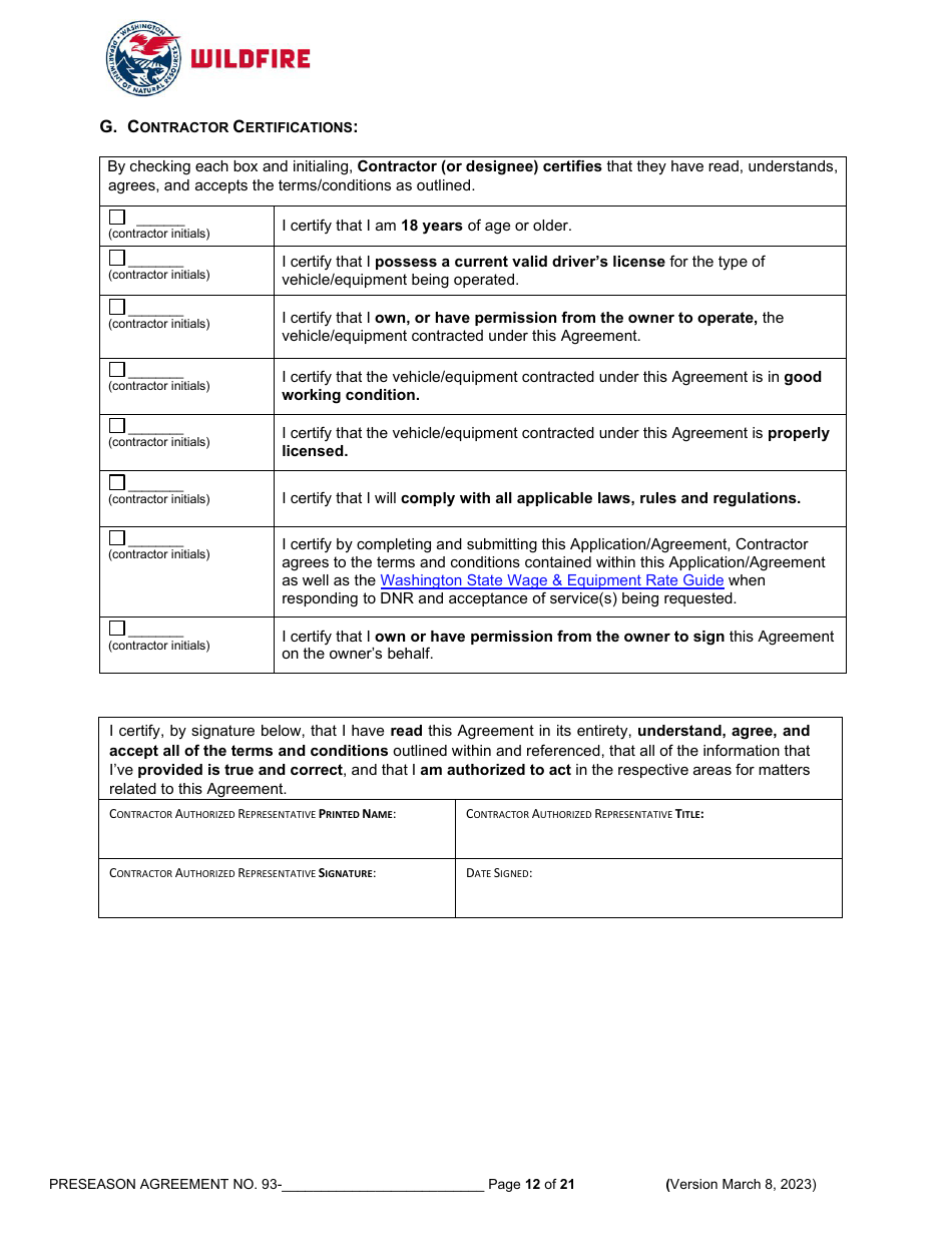 Operations Preseason Application / Agreement - Washington, Page 12
