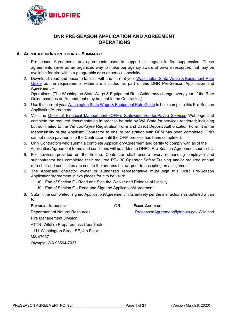 Operations Preseason Application / Agreement - Washington, Page 1