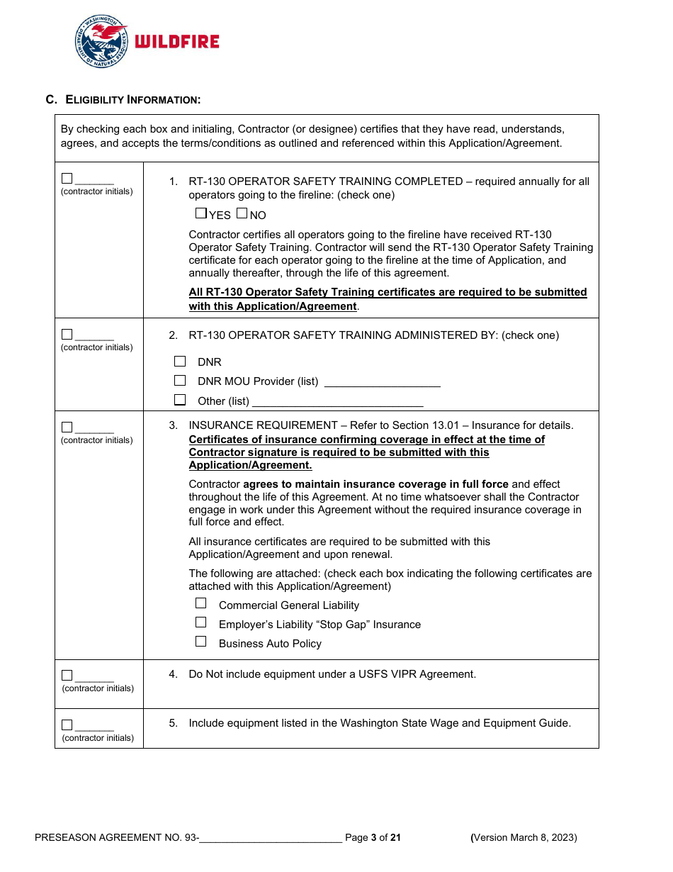 Operations Preseason Application / Agreement - Washington, Page 3