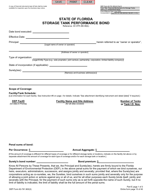 DEP Form 62-761.900(3) Part E Storage Tank Performance Bond - Florida