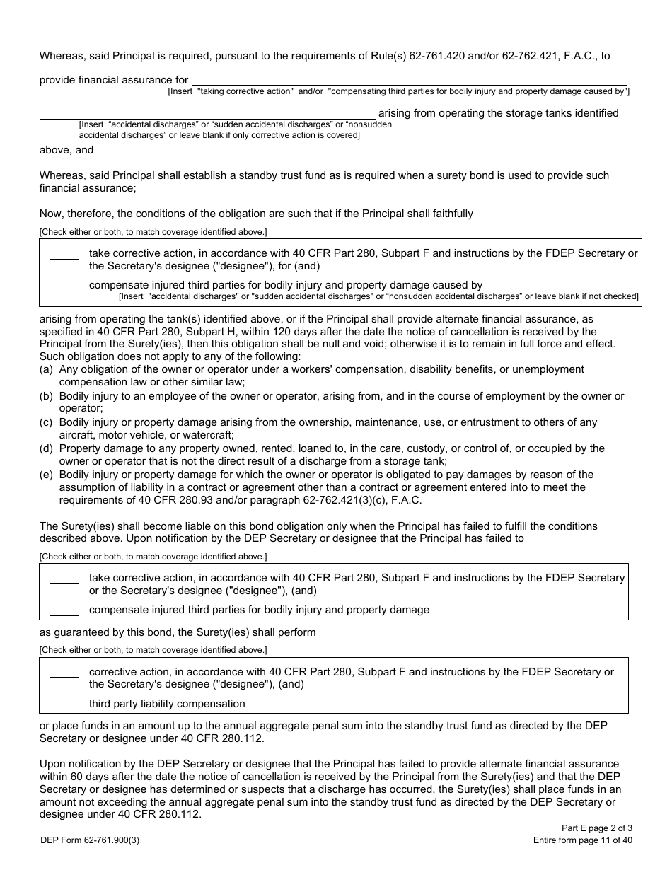 DEP Form 62-761.900(3) Part E Storage Tank Performance Bond - Florida, Page 2