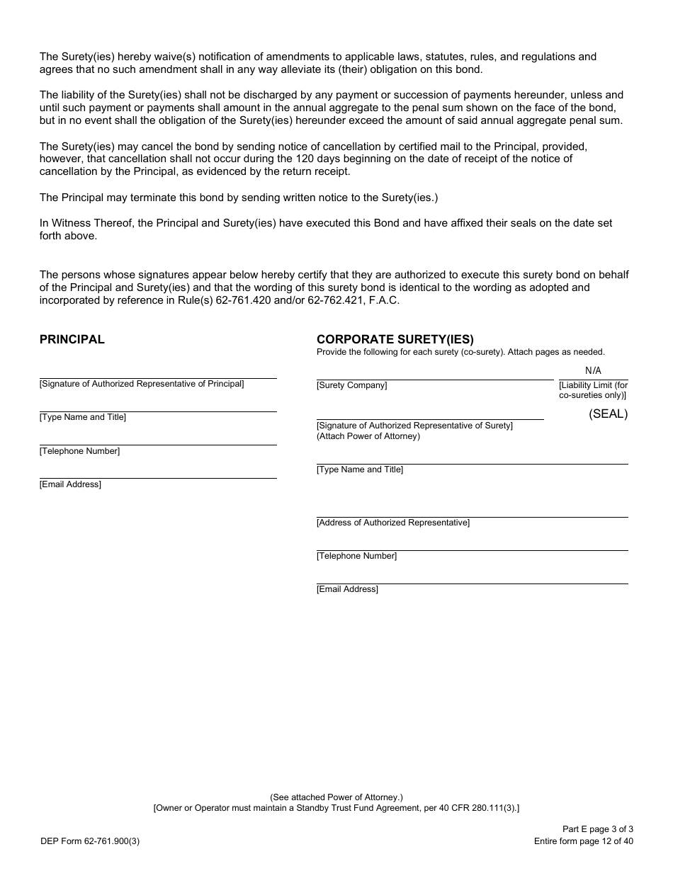 DEP Form 62-761.900(3) Part E Storage Tank Performance Bond - Florida, Page 3