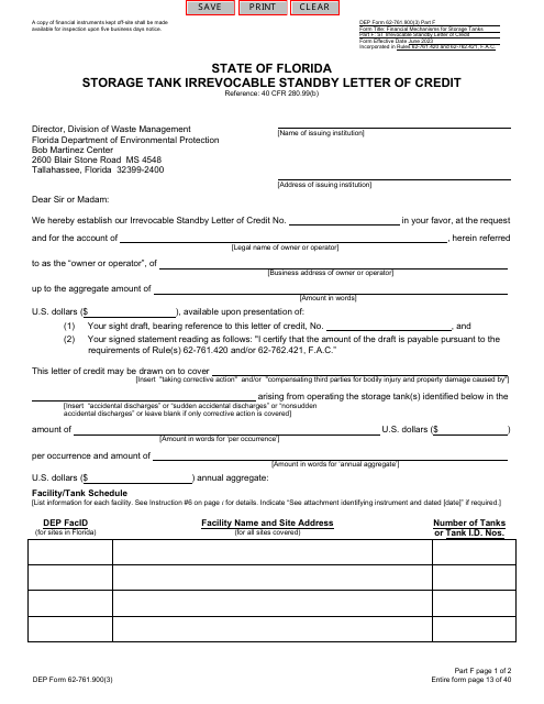 DEP Form 62-761.900(3) Part F Storage Tank Irrevocable Standby Letter of Credit - Florida