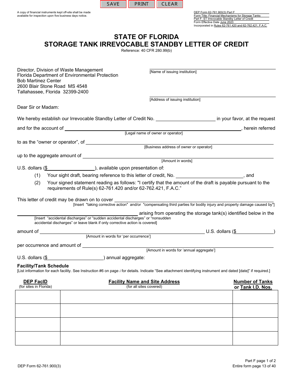 DEP Form 62-761.900(3) Part F Storage Tank Irrevocable Standby Letter of Credit - Florida, Page 1