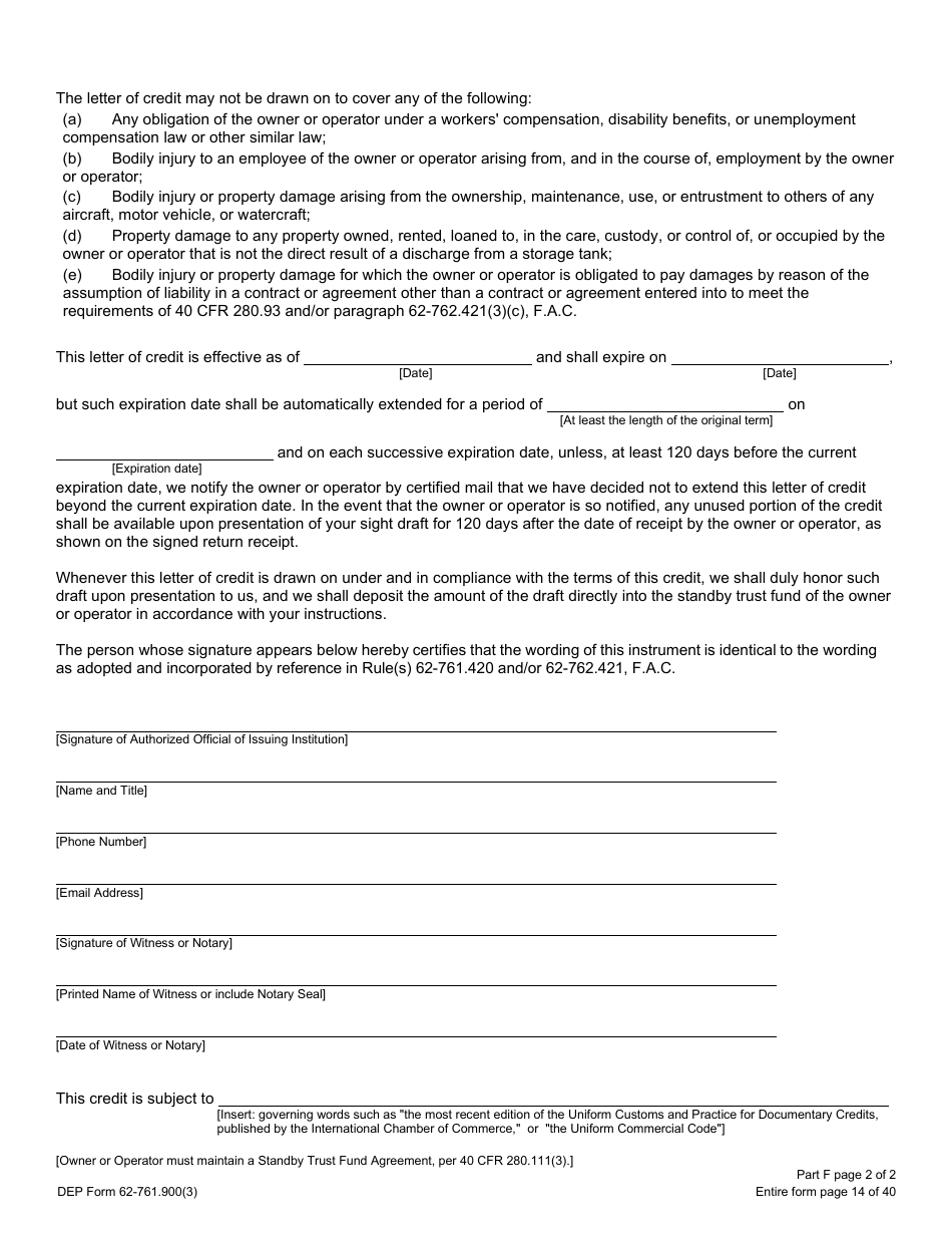 DEP Form 62-761.900(3) Part F Storage Tank Irrevocable Standby Letter of Credit - Florida, Page 2