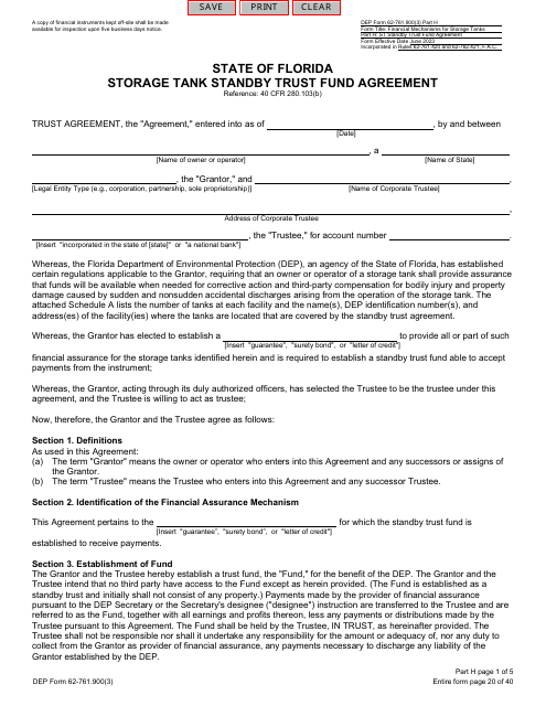 DEP Form 62-761.900(3) Part H Storage Tank Standby Trust Fund Agreement - Florida
