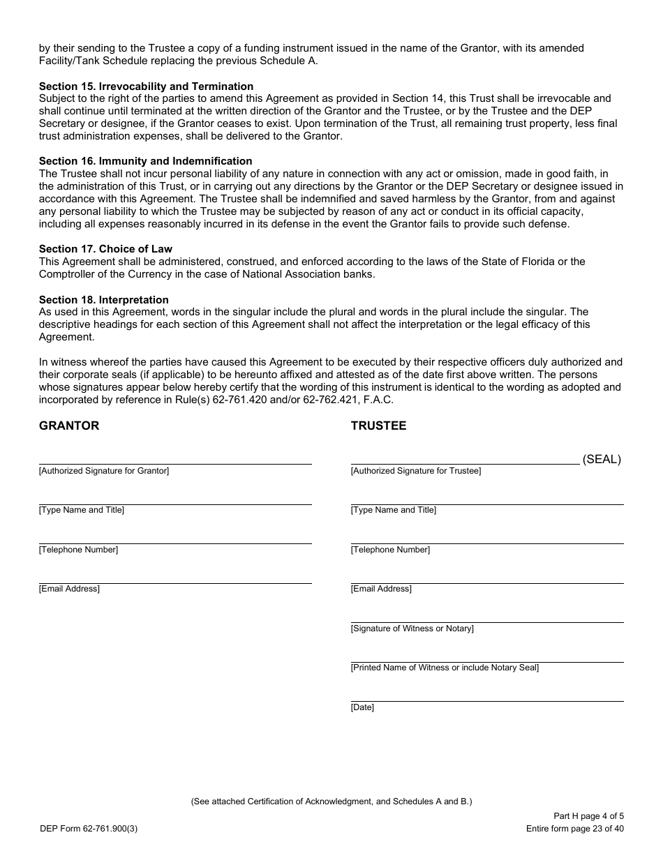 DEP Form 62-761.900(3) Part H Storage Tank Standby Trust Fund Agreement - Florida, Page 4