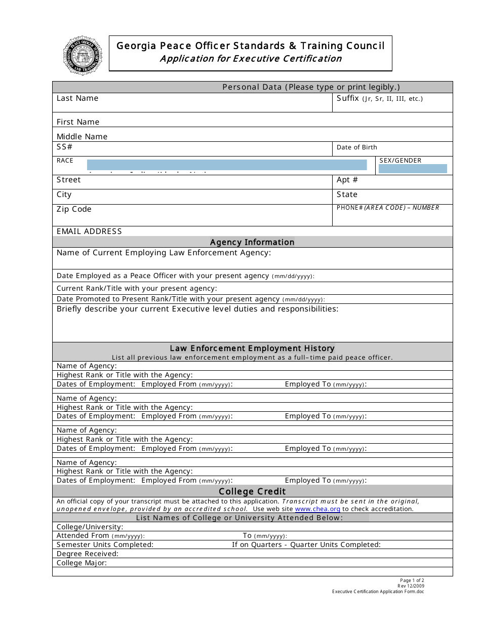 Application for Executive Certification - Georgia (United States), Page 1