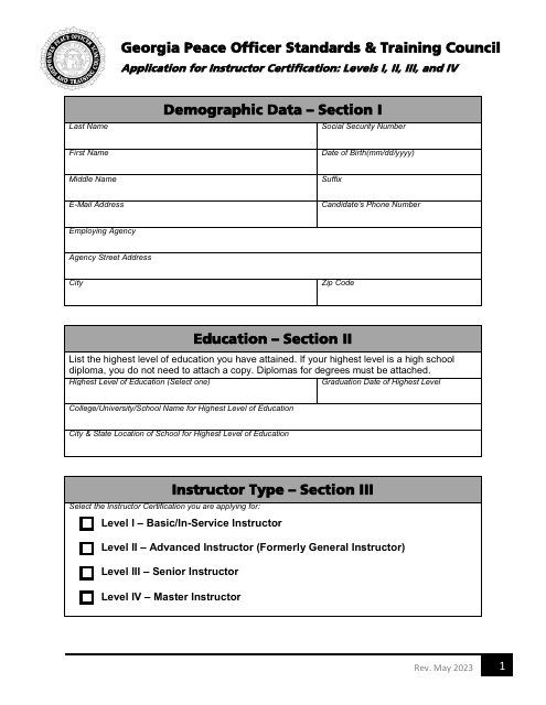 Application for Instructor Certification: Levels I, II, Iii, and Iv - Georgia (United States) Download Pdf
