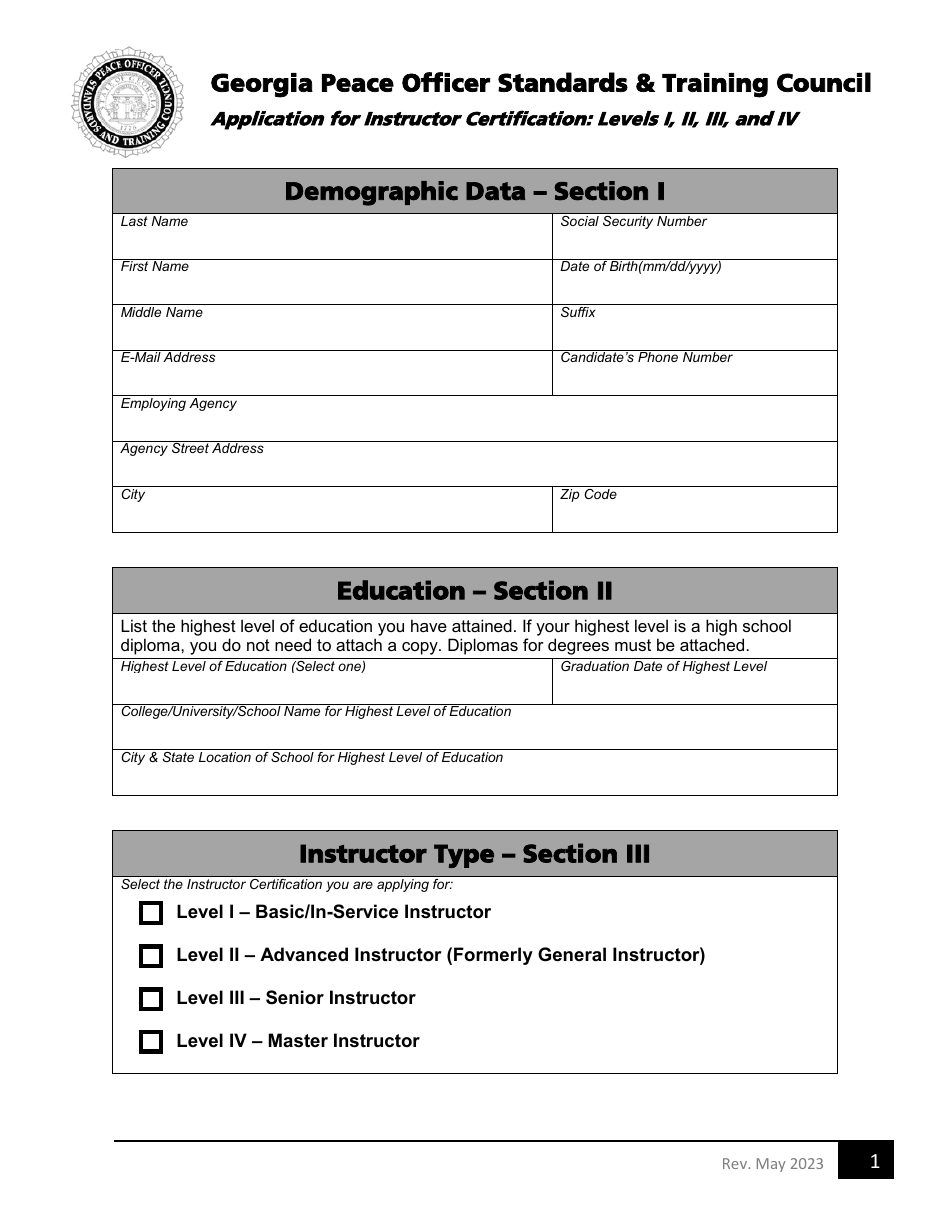 Application for Instructor Certification: Levels I, II, Iii, and Iv - Georgia (United States), Page 1