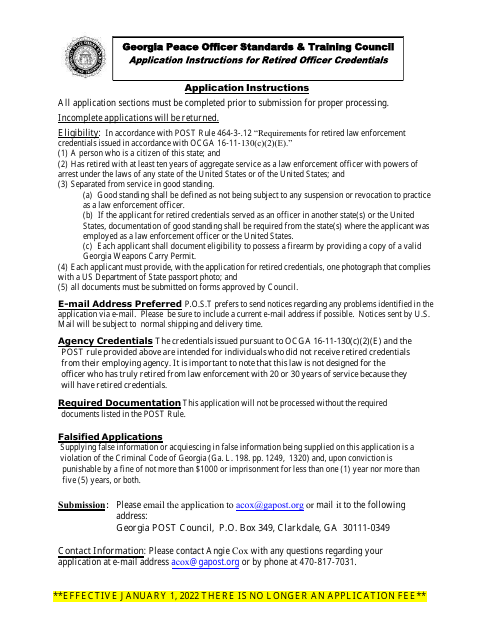 Application for Retired Officer Credentials - Georgia (United States) Download Pdf