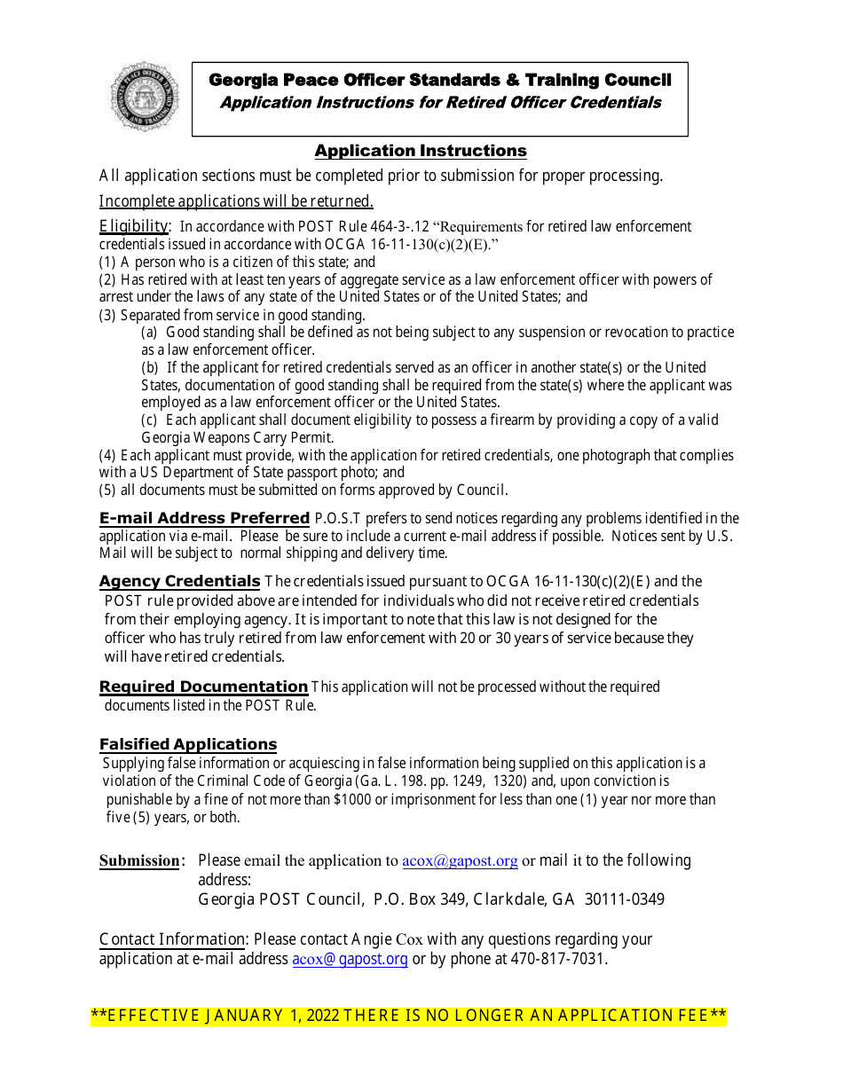 Application for Retired Officer Credentials - Georgia (United States), Page 1