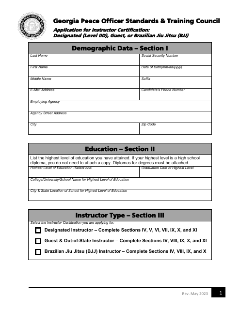 Application for Instructor Certification: Designated (Level Iid), Guest, or Brazilian Jiu Jitsu (Bjj) - Georgia (United States) Download Pdf