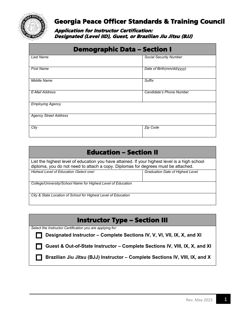 Application for Instructor Certification: Designated (Level Iid), Guest, or Brazilian Jiu Jitsu (Bjj) - Georgia (United States), Page 1
