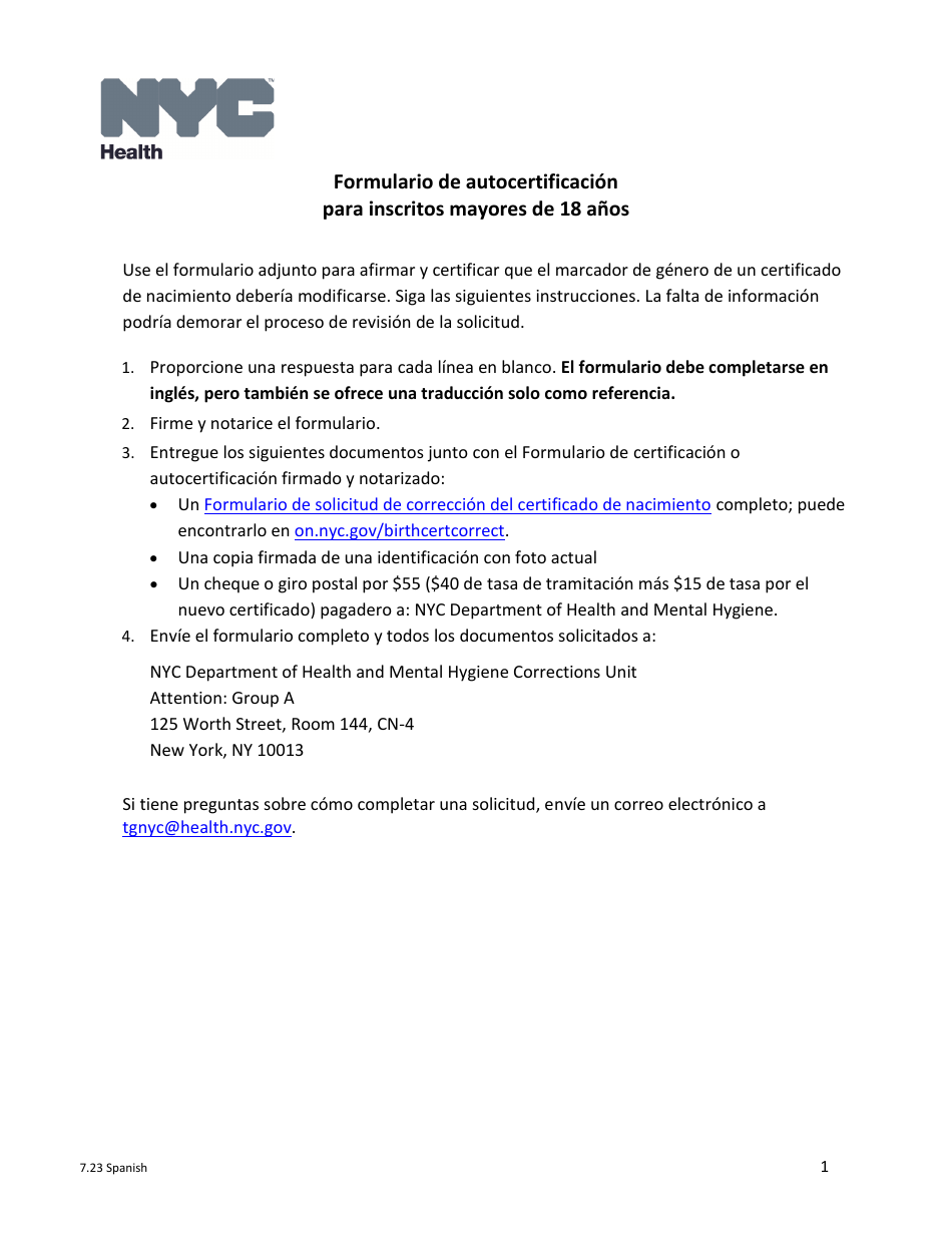 Formulario De Autocertificacion Para Inscritos Mayores De 18 Anos - New York City (Spanish), Page 1