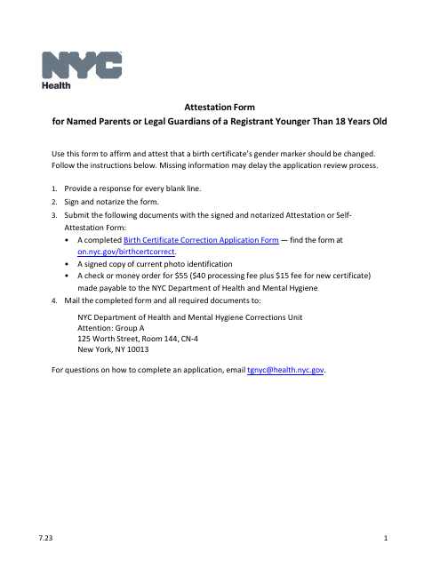 Attestation Form for Named Parents or Legal Guardians of a Registrant Younger Than 18 Years Old - New York City Download Pdf