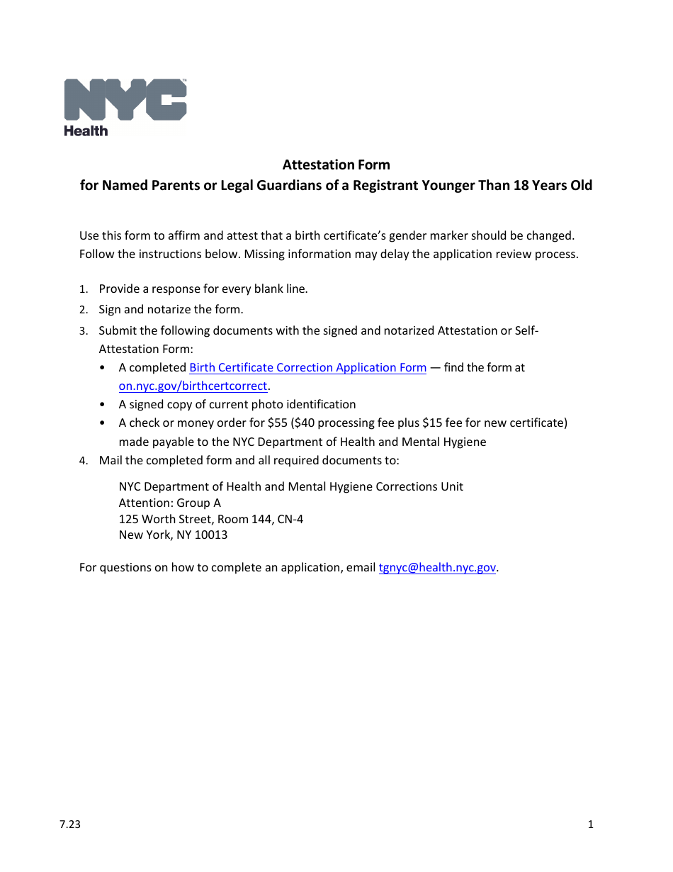 Attestation Form for Named Parents or Legal Guardians of a Registrant Younger Than 18 Years Old - New York City, Page 1