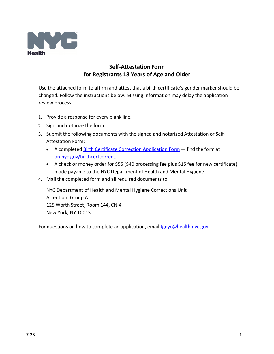 Self-attestation Form for Registrants 18 Years of Age and Older - New York City, Page 1