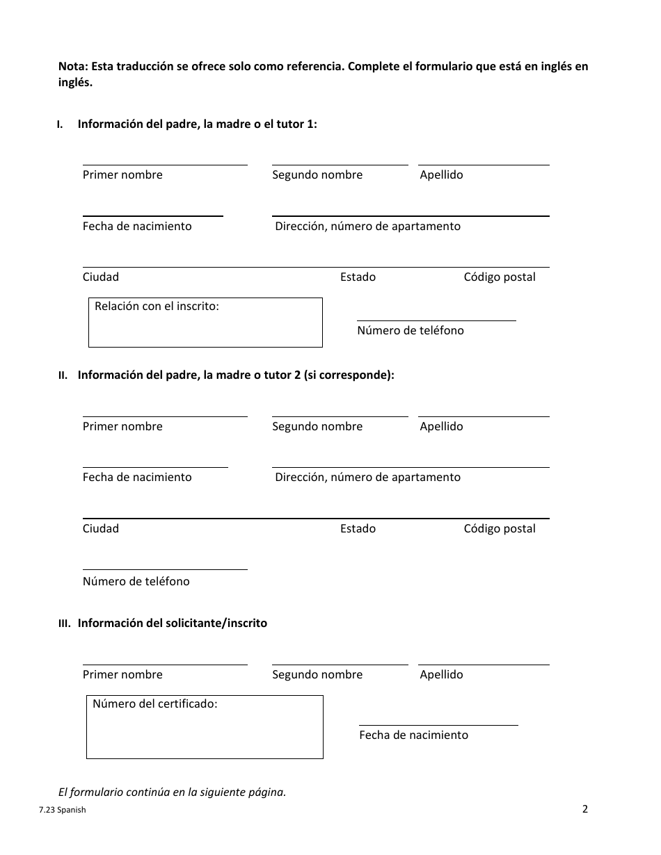 Formulario De Certificacion Para Padres, Madres O Tutores Legales Nombrados De Un Inscrito Menor De 18 Anos - New York City (Spanish), Page 2
