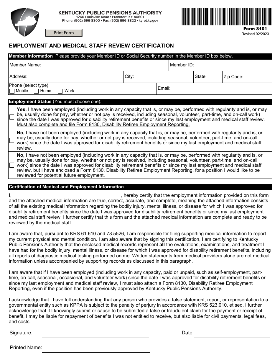 Form 8101 Employment and Medical Staff Review Certification - Kentucky, Page 1