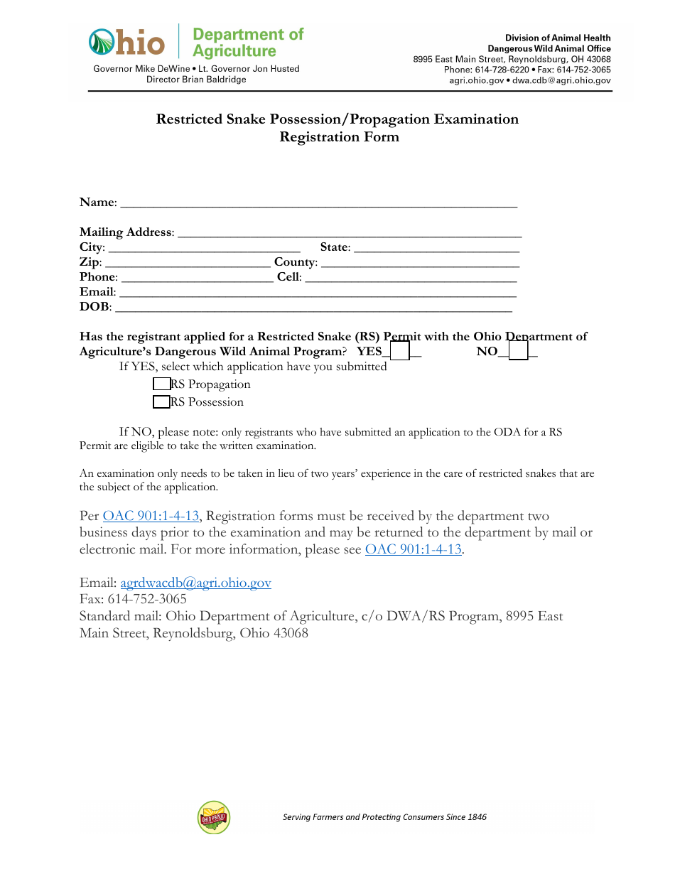 Restricted Snake Possession / Propagation Examination Registration Form - Ohio, Page 1