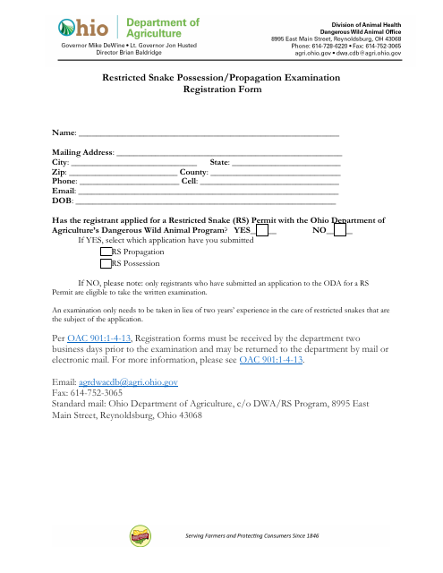 Restricted Snake Possession/Propagation Examination Registration Form - Ohio