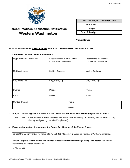 Forest Practices Application / Notification - Western Washington - Washington Download Pdf