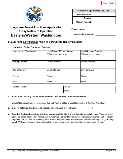 Long-Term Forest Practices Application - 5-day Notice of Operation - Eastern/Western Washington - Washington