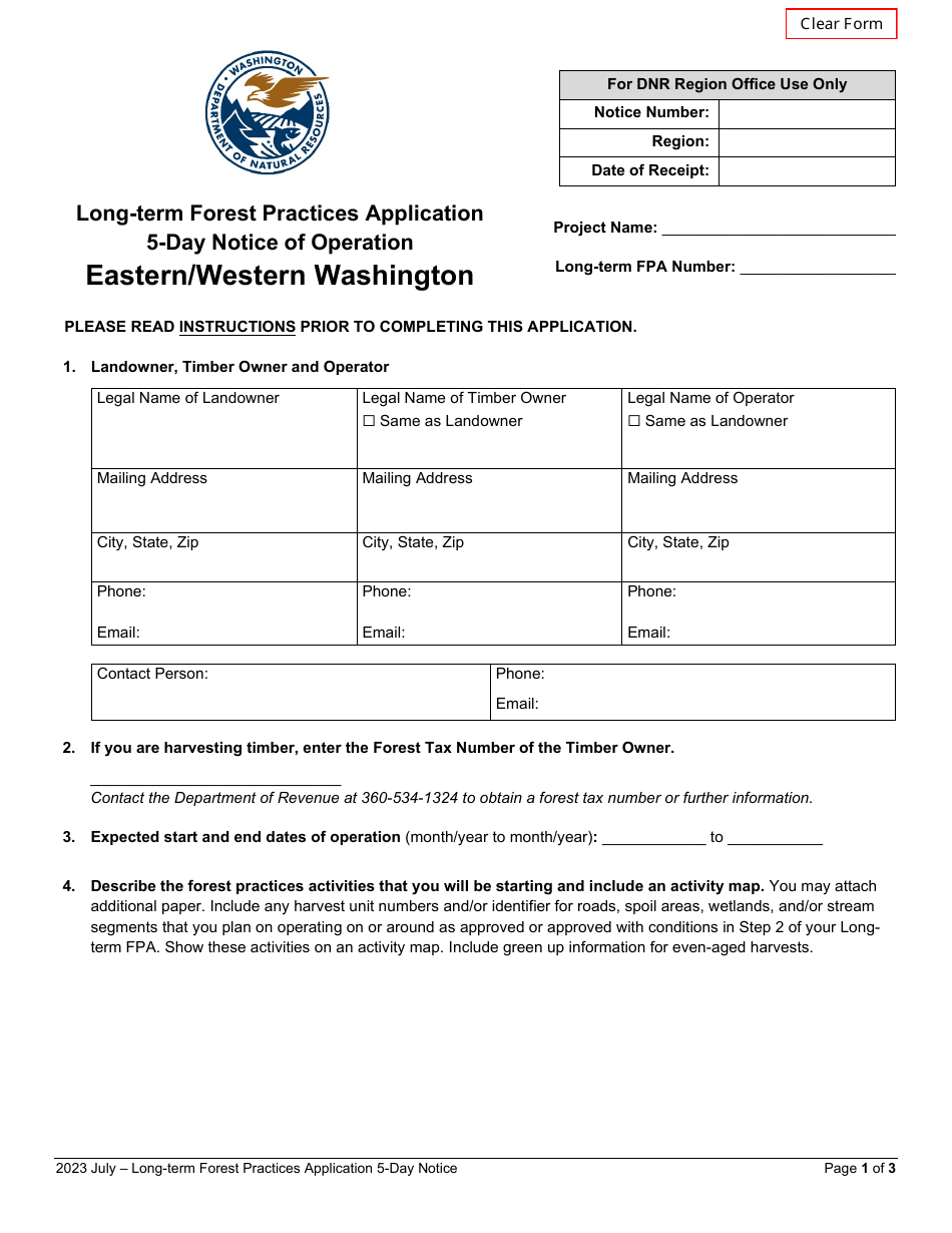 Long-Term Forest Practices Application - 5-day Notice of Operation - Eastern / Western Washington - Washington, Page 1