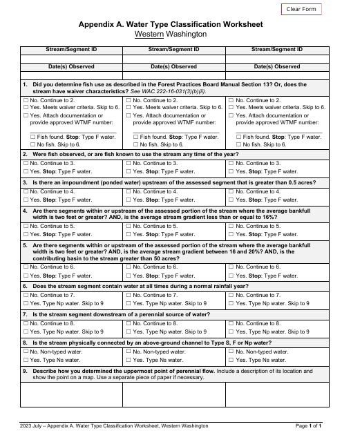 Appendix A Water Type Classification Worksheet - Western Washington - Washington