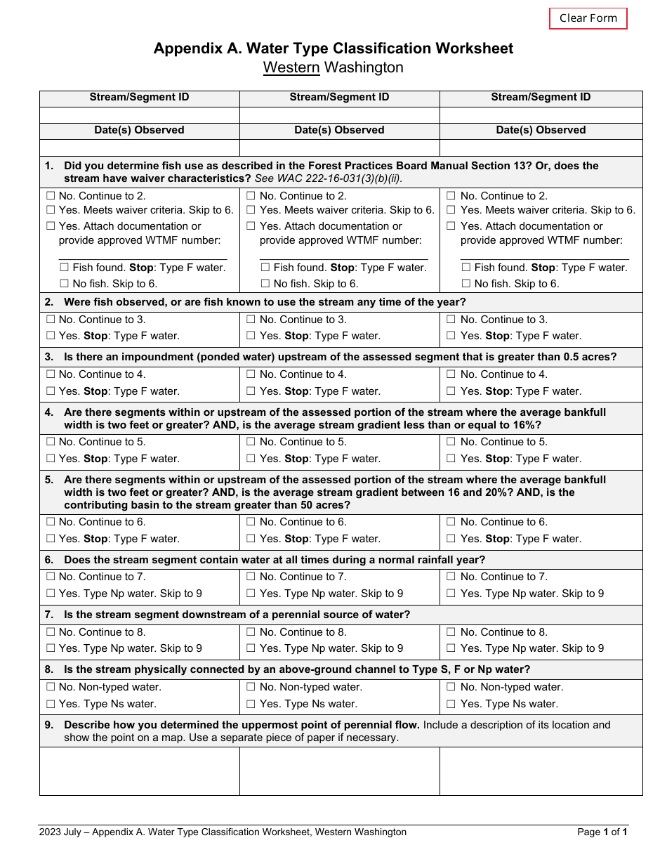 Washington Water Type Classification Worksheet - Western Washington