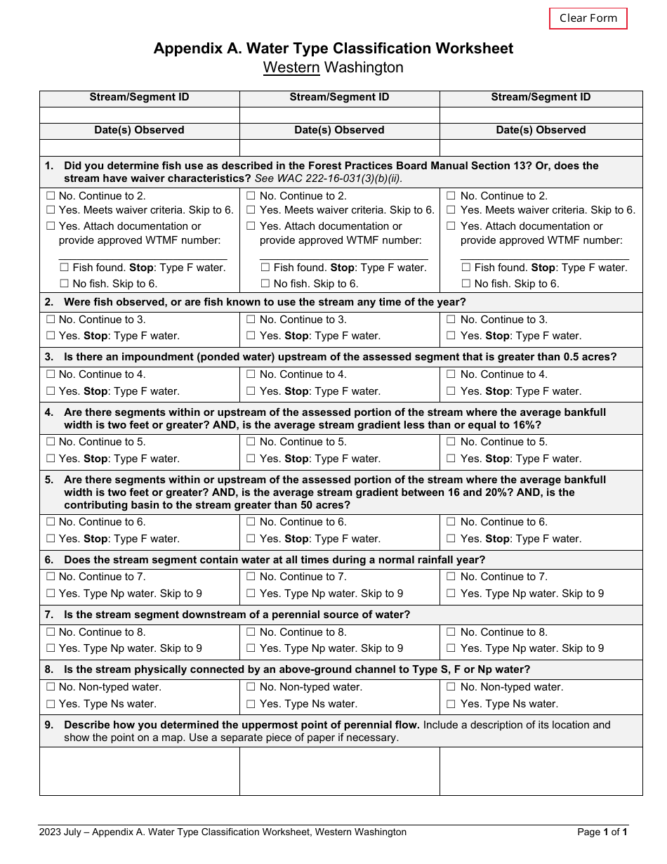 Appendix A Water Type Classification Worksheet - Western Washington - Washington, Page 1