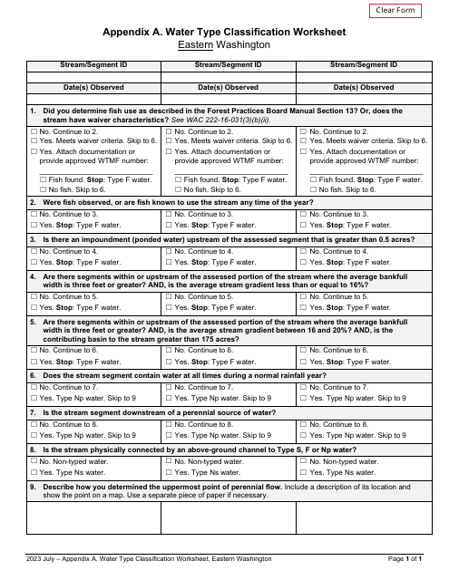Appendix A Water Type Classification Worksheet - Eastern Washington - Washington