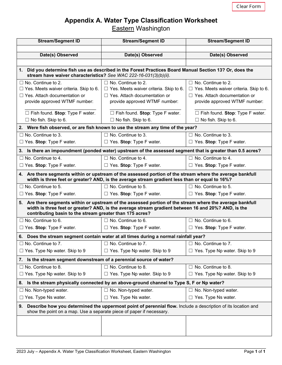 Appendix A Water Type Classification Worksheet - Eastern Washington - Washington, Page 1