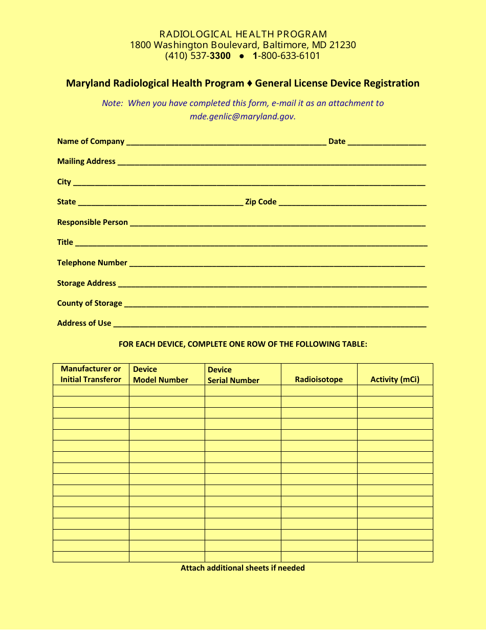 General License Device Registration - Maryland Radiological Health Program - Maryland, Page 1