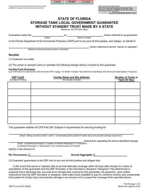 DEP Form 62-761.900(3) Part M Storage Tank Local Government Guarantee Without Standby Trust Made by a State - Florida